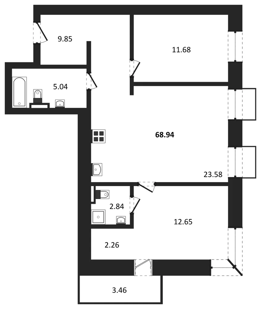 Планировка: 2-комн., 68,9 м²