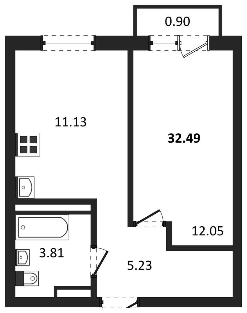 Планировка: 1-комн., 32,5 м²