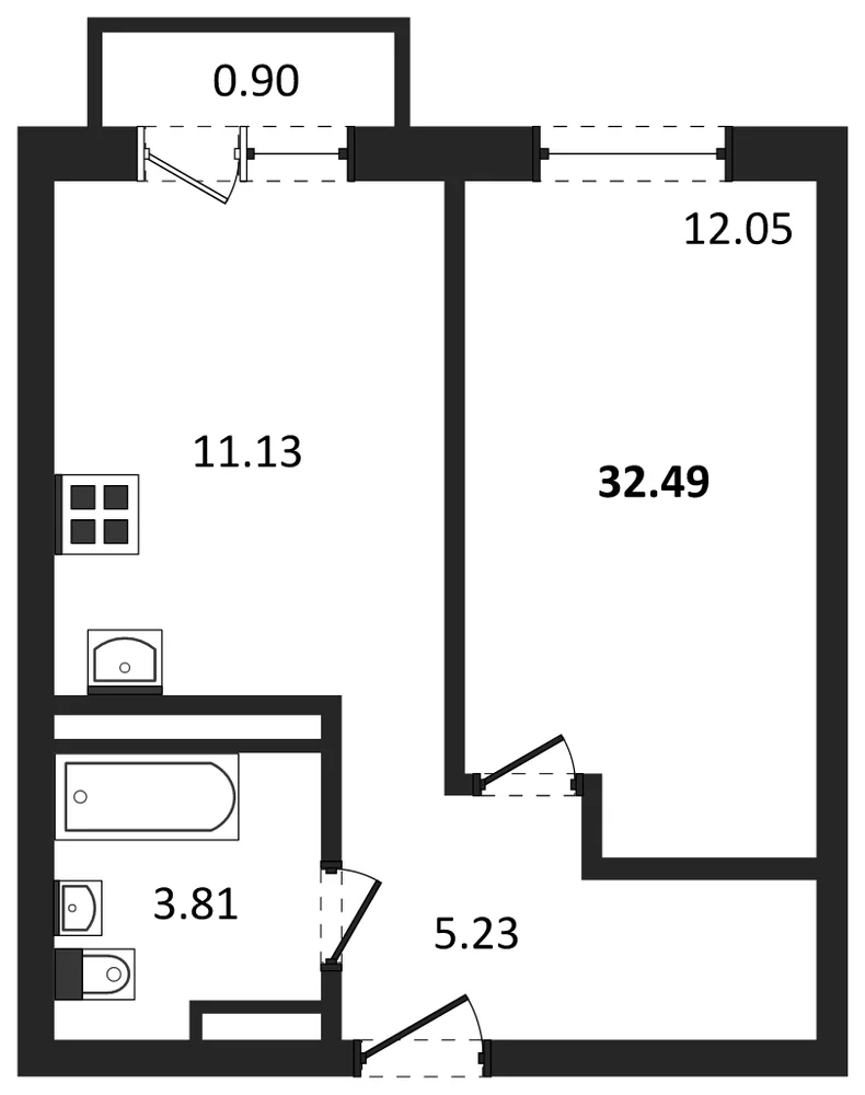 Планировка: 1-комн., 32,5 м²