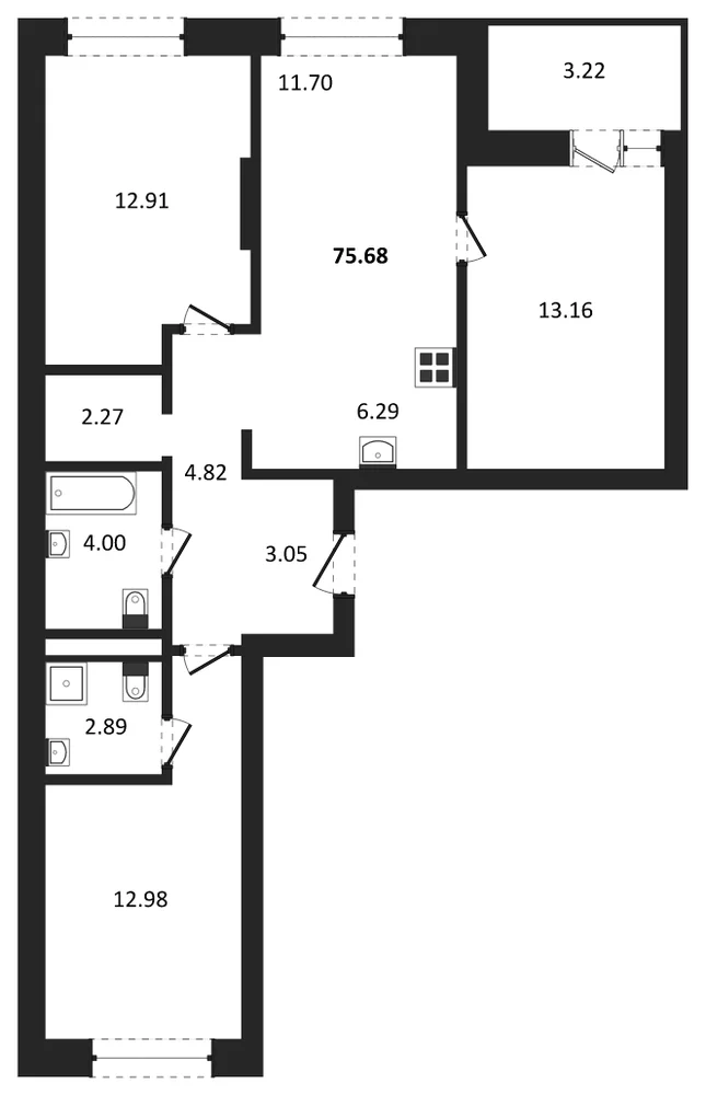 Планировка: 3-комн., 75,7 м²