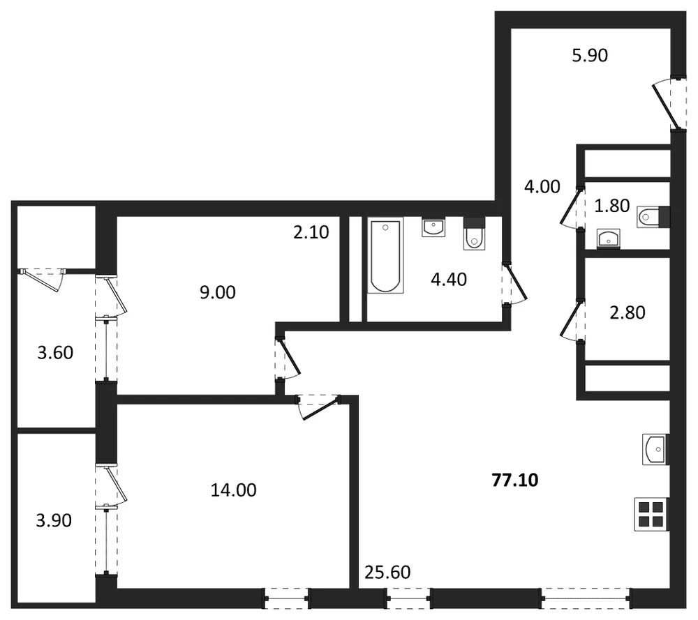 Планировка: 2-комн., 77,1 м²