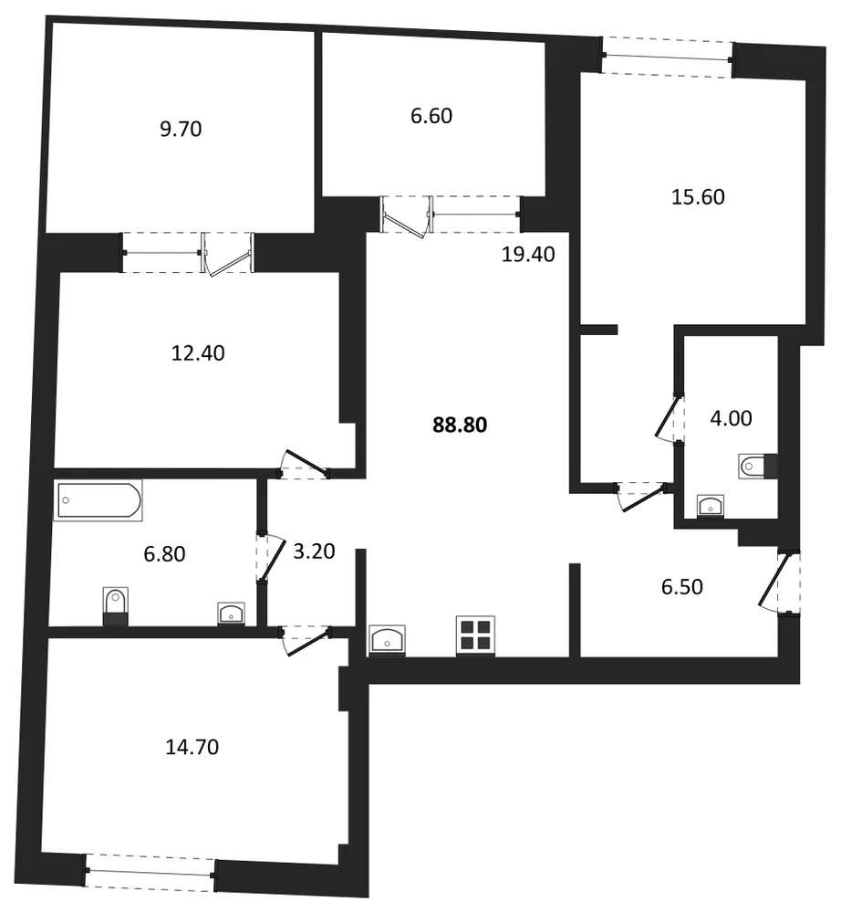Планировка: 3-комн., 88,8 м²