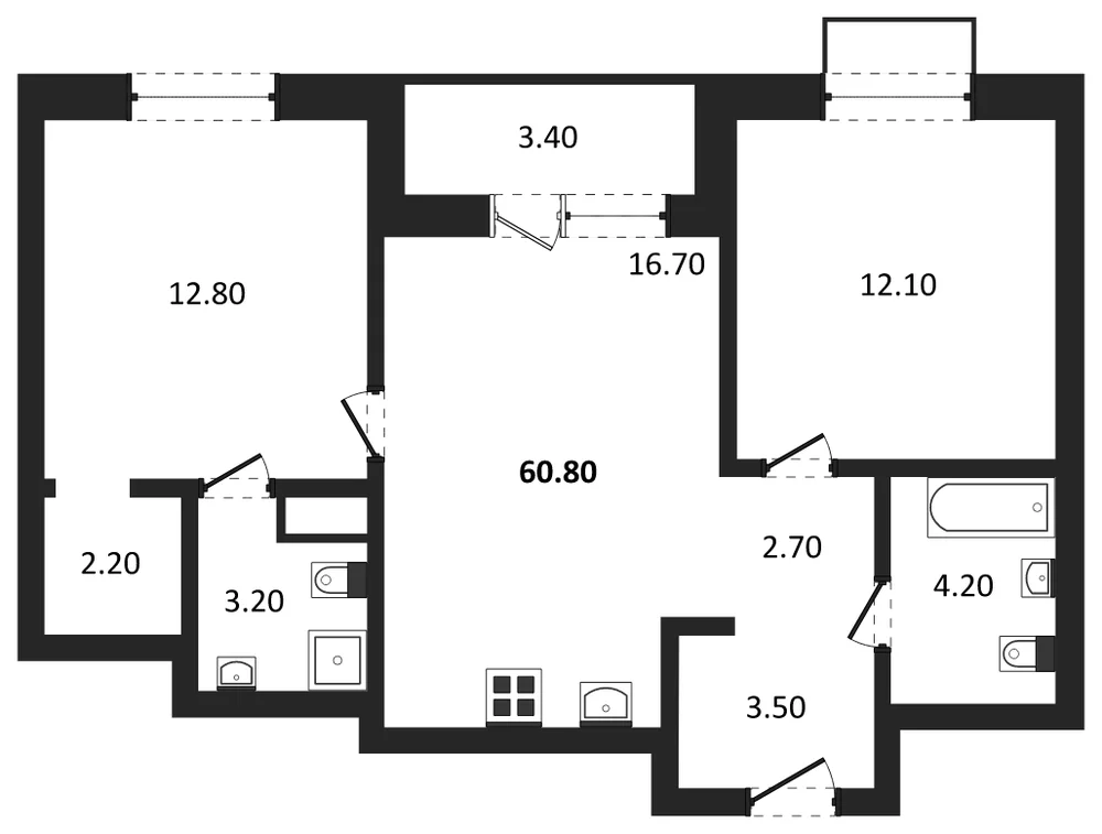 Планировка: 2-комн., 60,8 м²