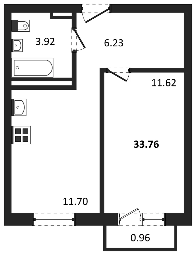 Планировка: 1-комн., 33,8 м²
