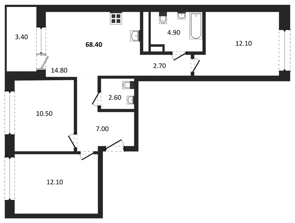 Планировка: 3-комн., 68,4 м²