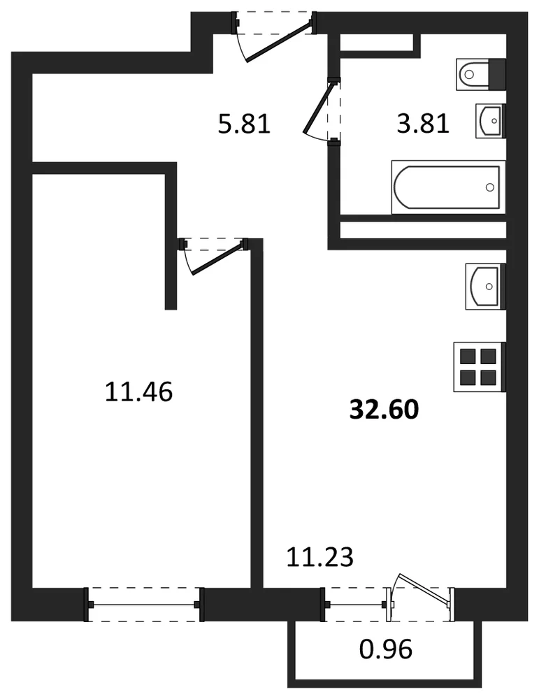 Планировка: 1-комн., 32,6 м²