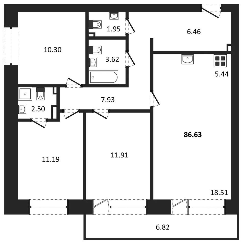 Планировка: 3-комн., 86,6 м²