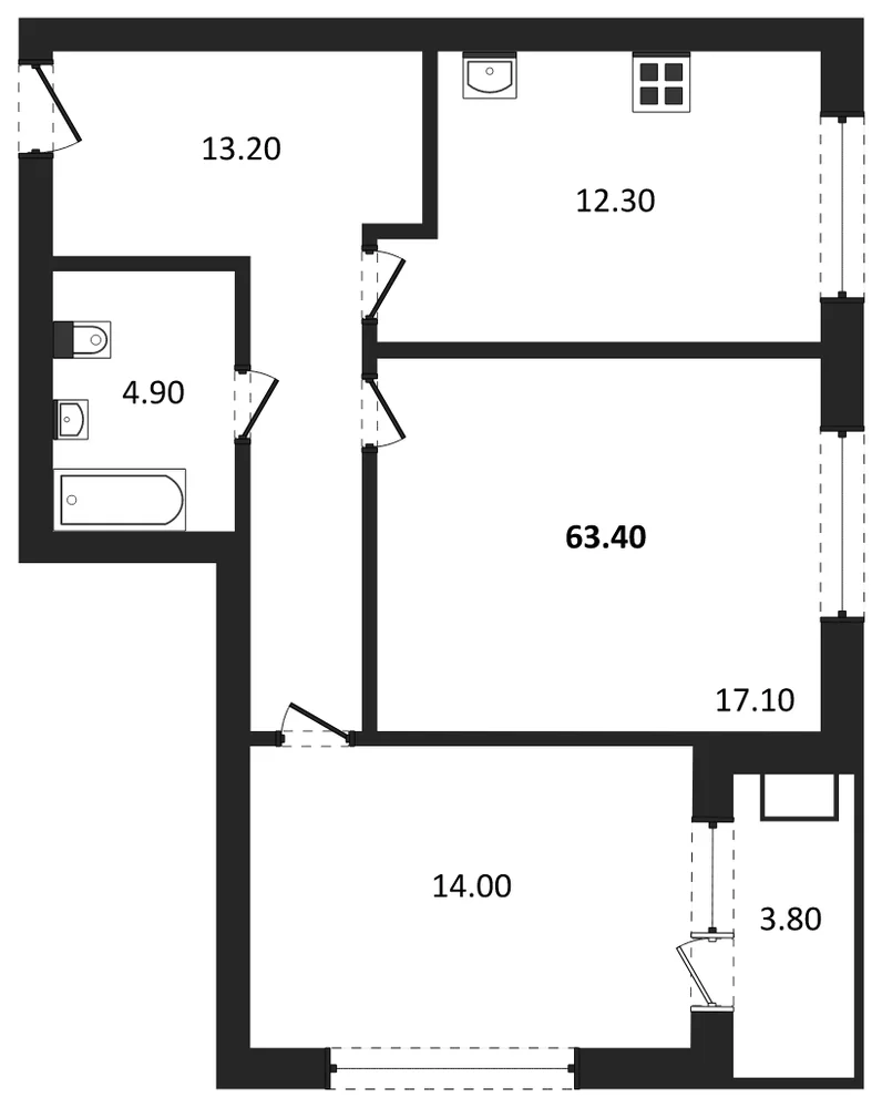 Планировка: 2-комн., 63,4 м²