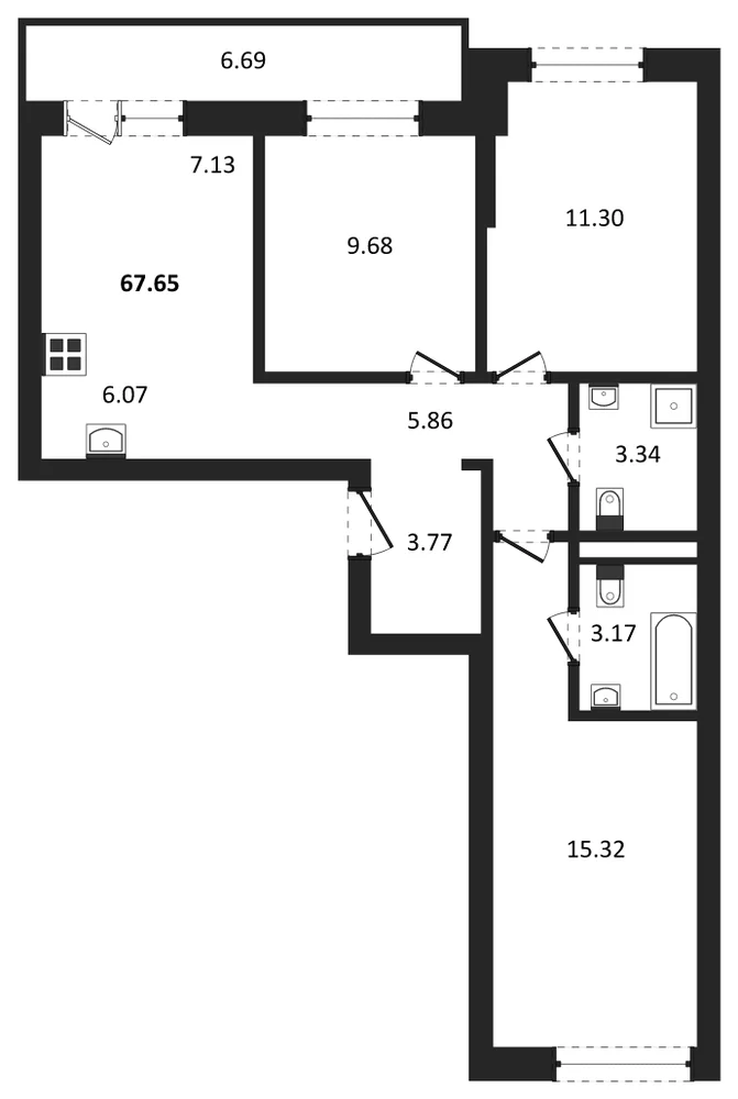 Планировка: 3-комн., 67,7 м²