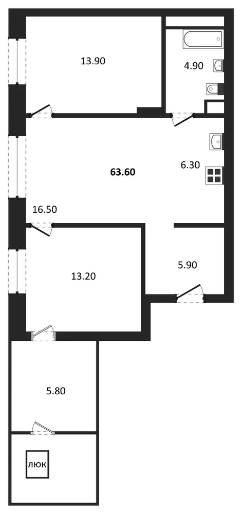 Планировка: 3-комн., 63,6 м²