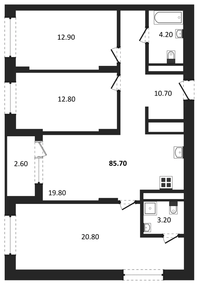 Планировка: 3-комн., 85,7 м²