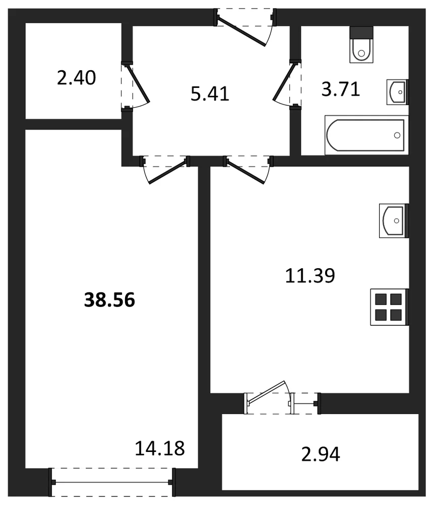 Планировка: 1-комн., 38,6 м²
