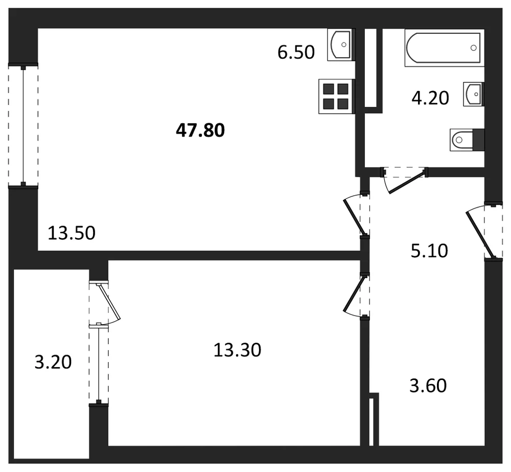 Планировка: 1-комн., 47,8 м²