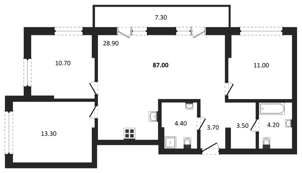 Планировка: 3-комн., 87 м²