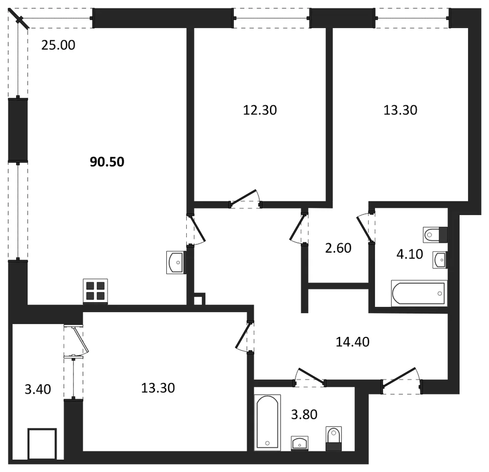 Планировка: 3-комн., 90,5 м²