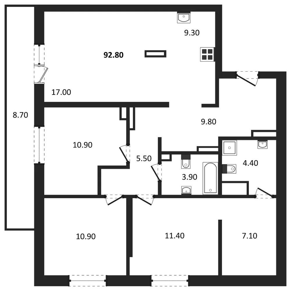 Планировка: 3-комн., 92,8 м²