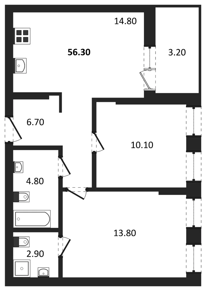 Планировка: 2-комн., 54,7 м²