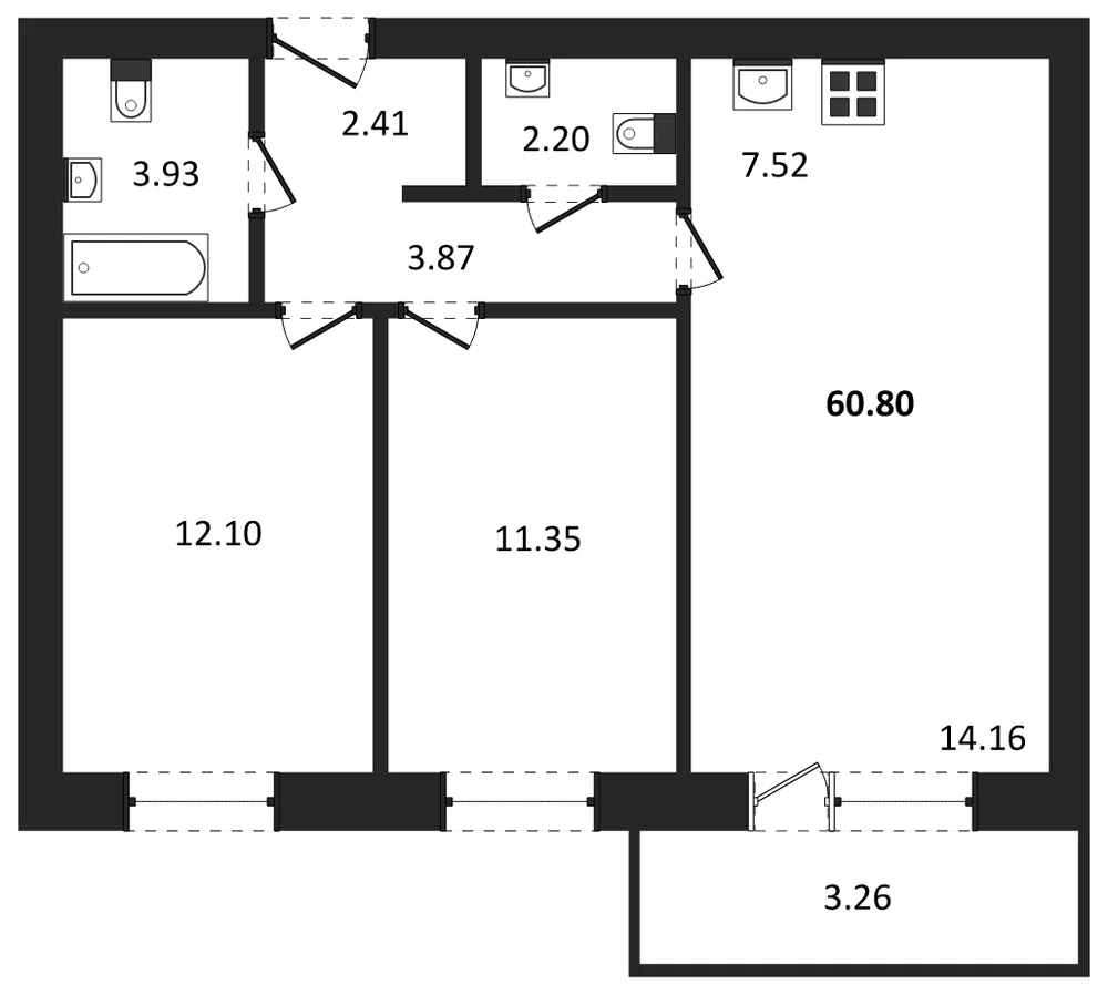 Планировка: 2-комн., 60,8 м²