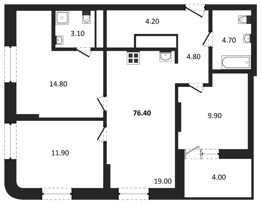 Планировка: 3-комн., 74,4 м²