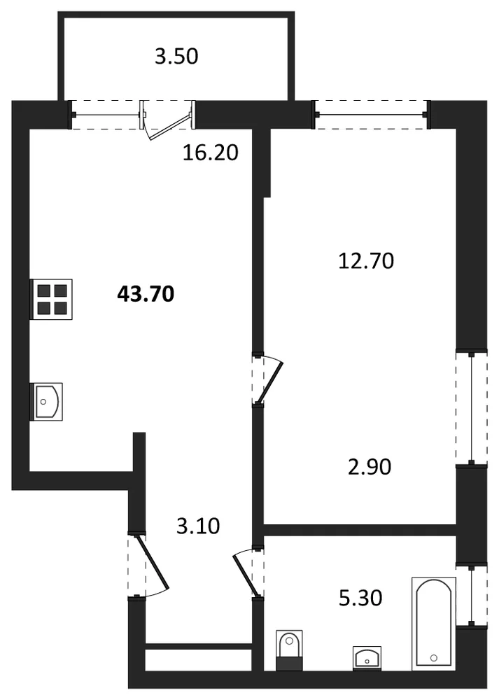 Планировка: 1-комн., 41,3 м²