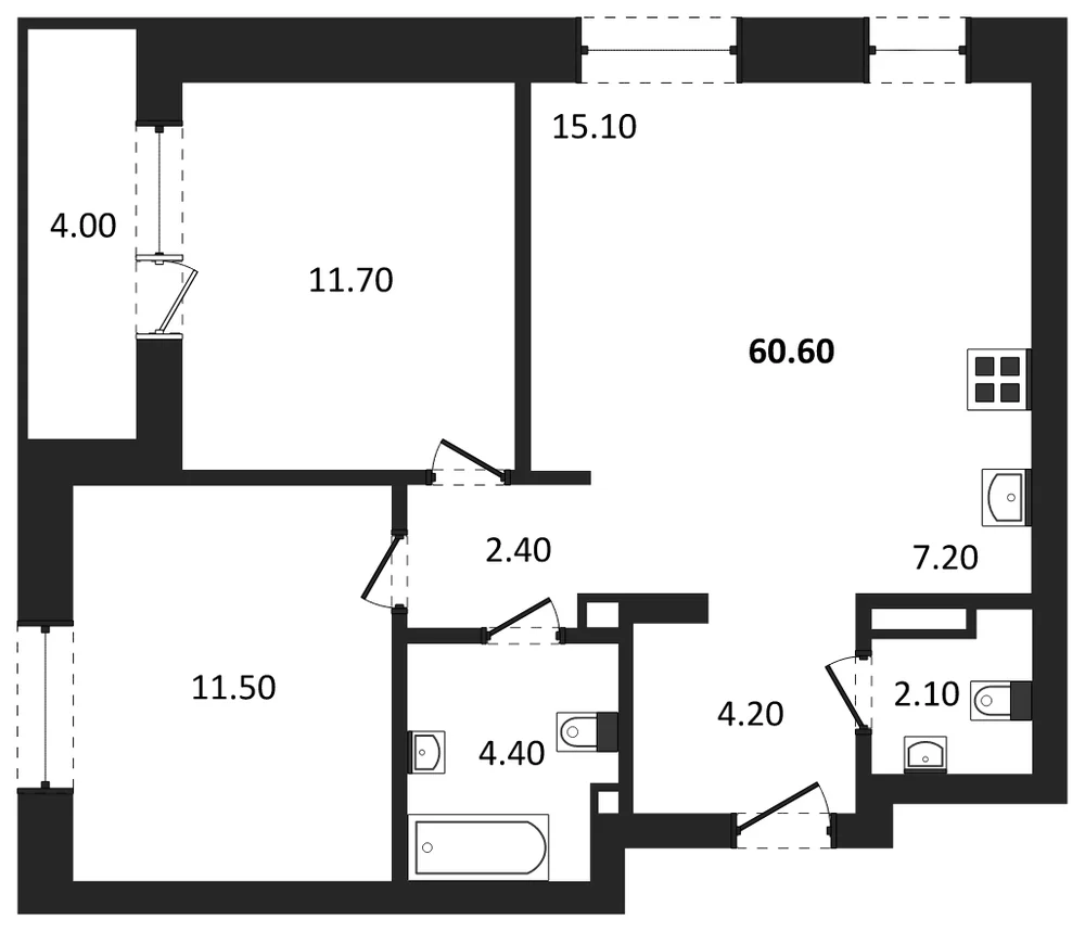 Планировка: 2-комн., 60,6 м²