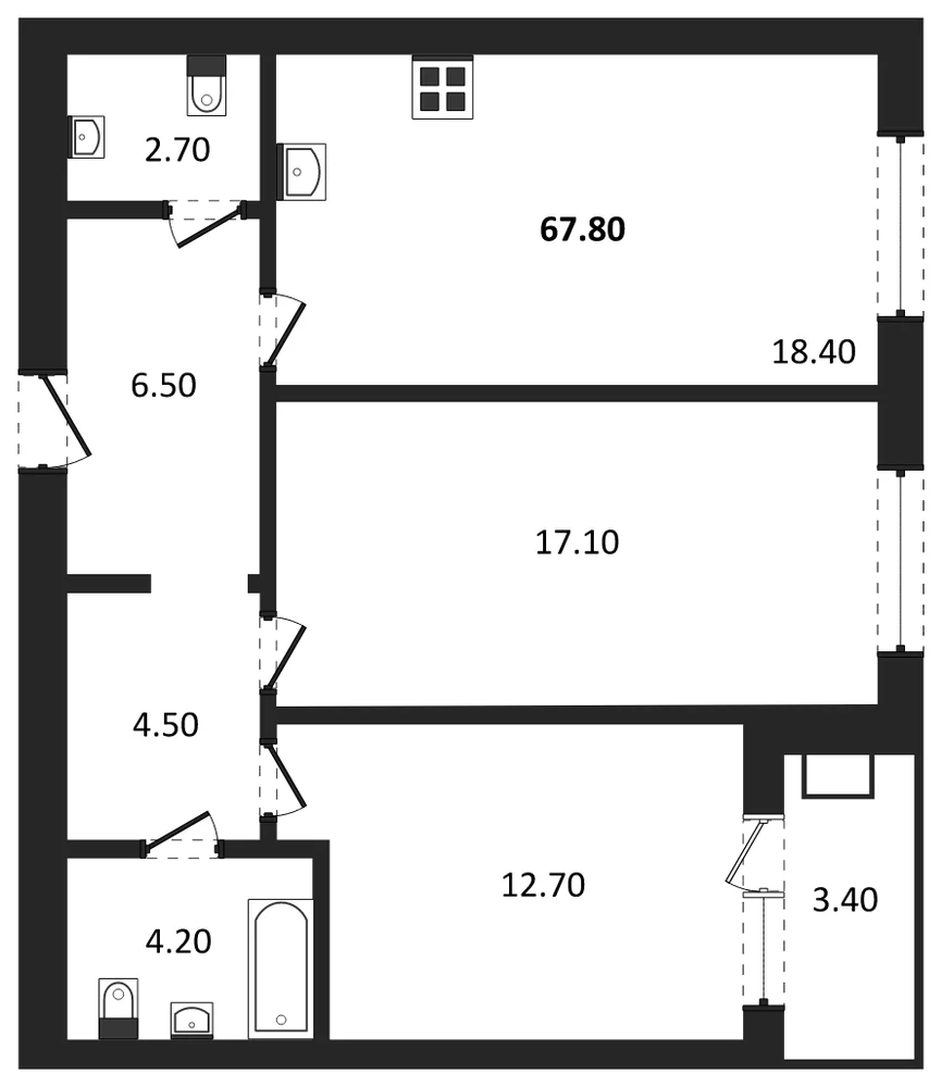 Планировка: 2-комн., 67,8 м²