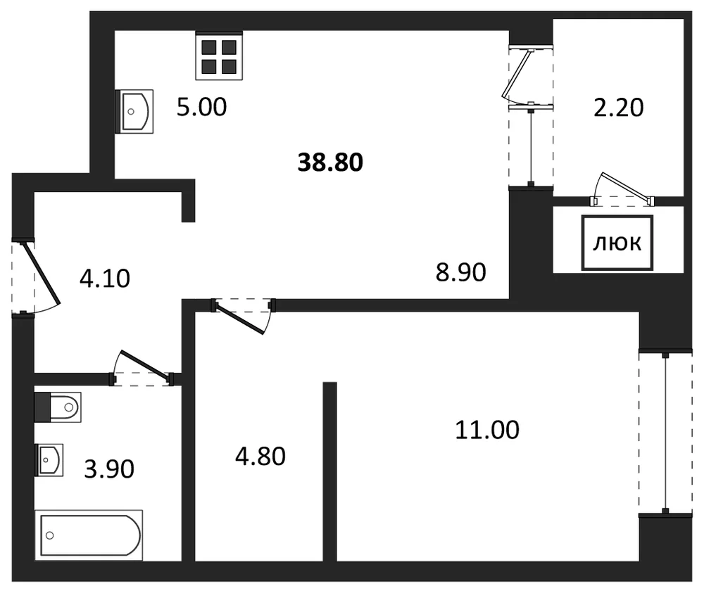 Планировка: 2-комн., 38,8 м²