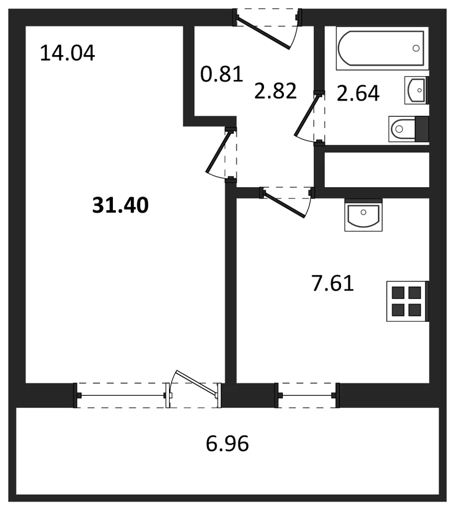 Планировка: 1-комн., 31,4 м²