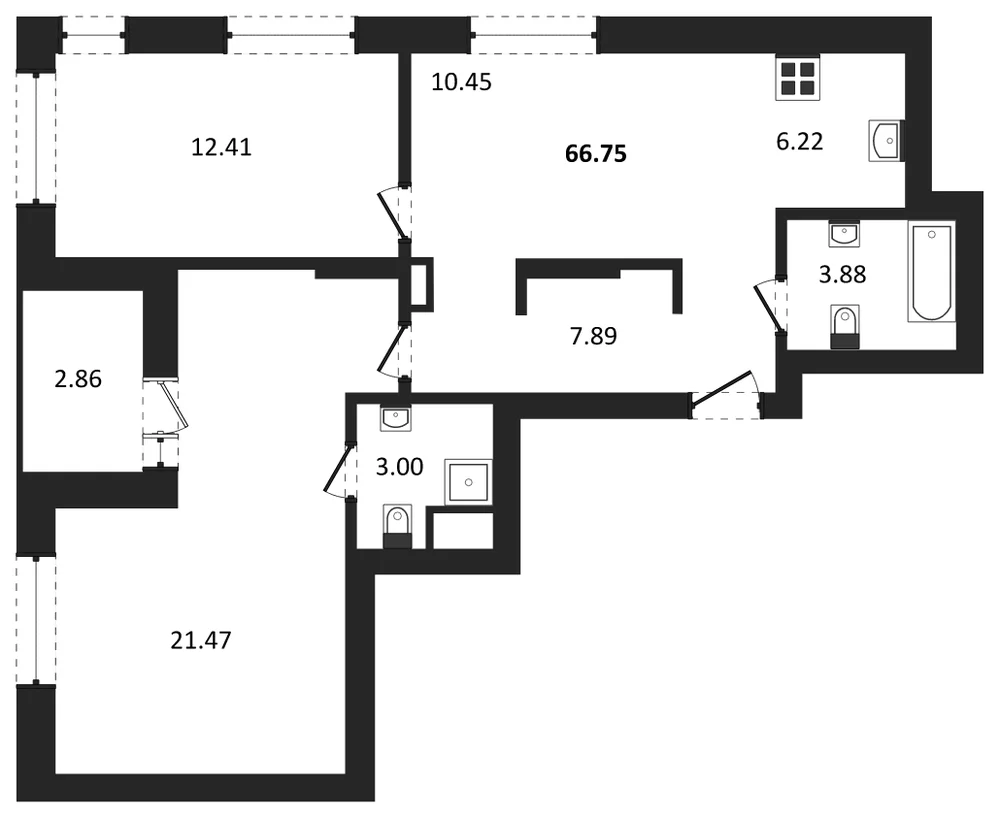Планировка: 2-комн., 66,8 м²
