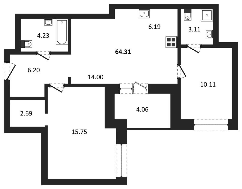 Планировка: 2-комн., 64,3 м²