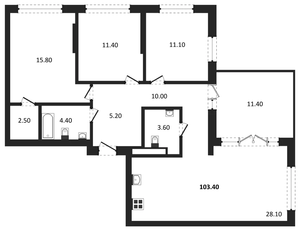 Планировка: 3-комн., 103,4 м²