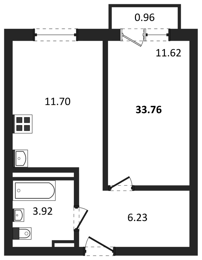 Планировка: 1-комн., 33,8 м²