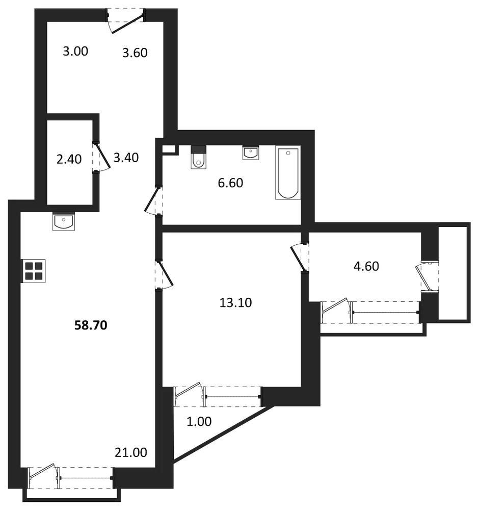 Планировка: 1-комн., 58,7 м²