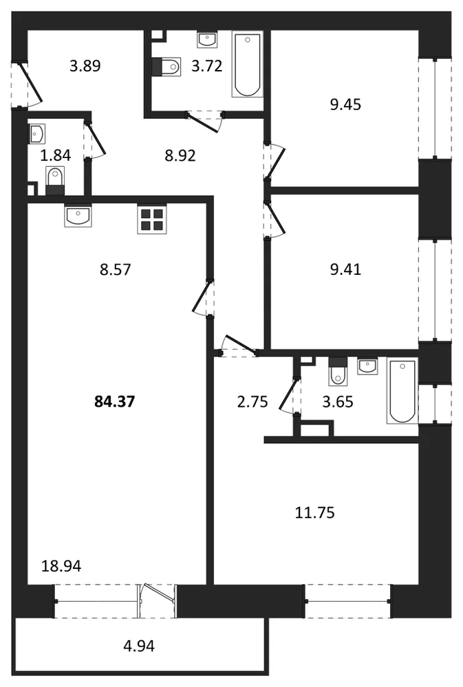 Планировка: 3-комн., 87,8 м²