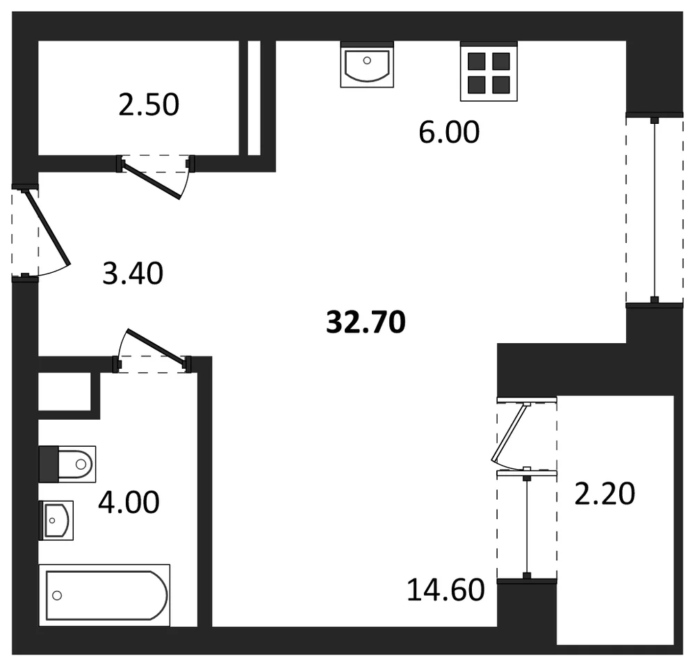 Планировка: Студия, 32,7 м²