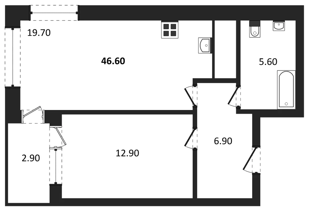 Планировка: 1-комн., 46,6 м²