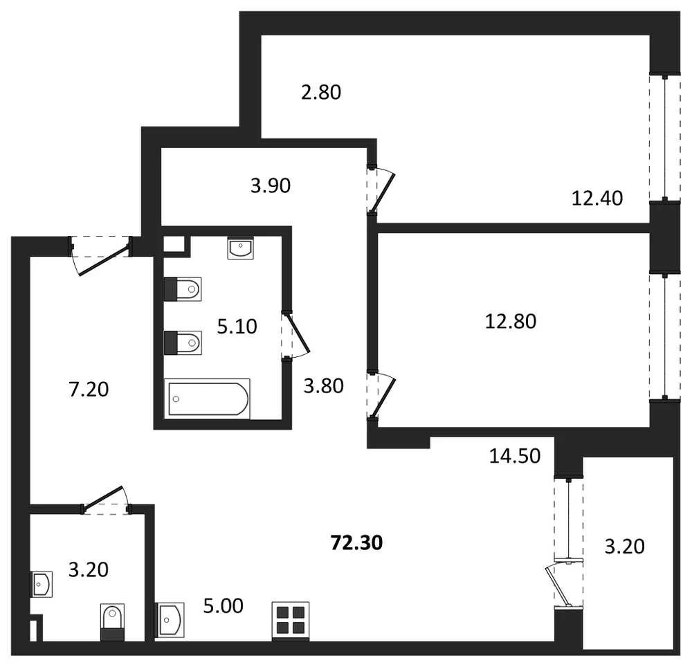 Планировка: 3-комн., 72,3 м²