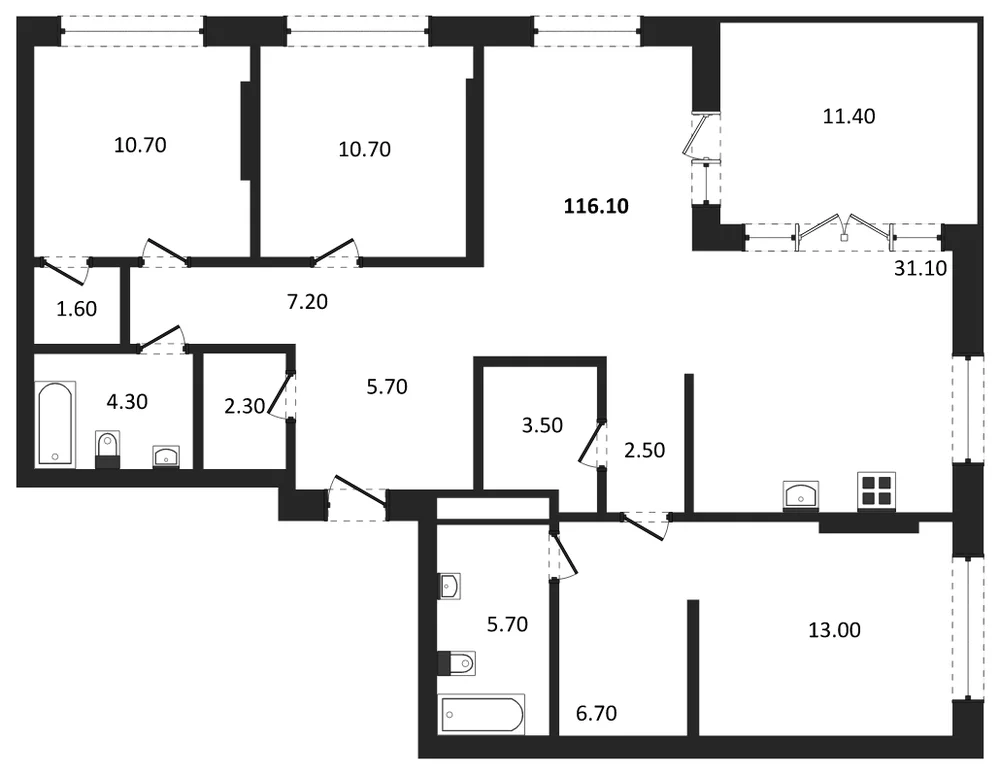 Планировка: 3-комн., 116,1 м²