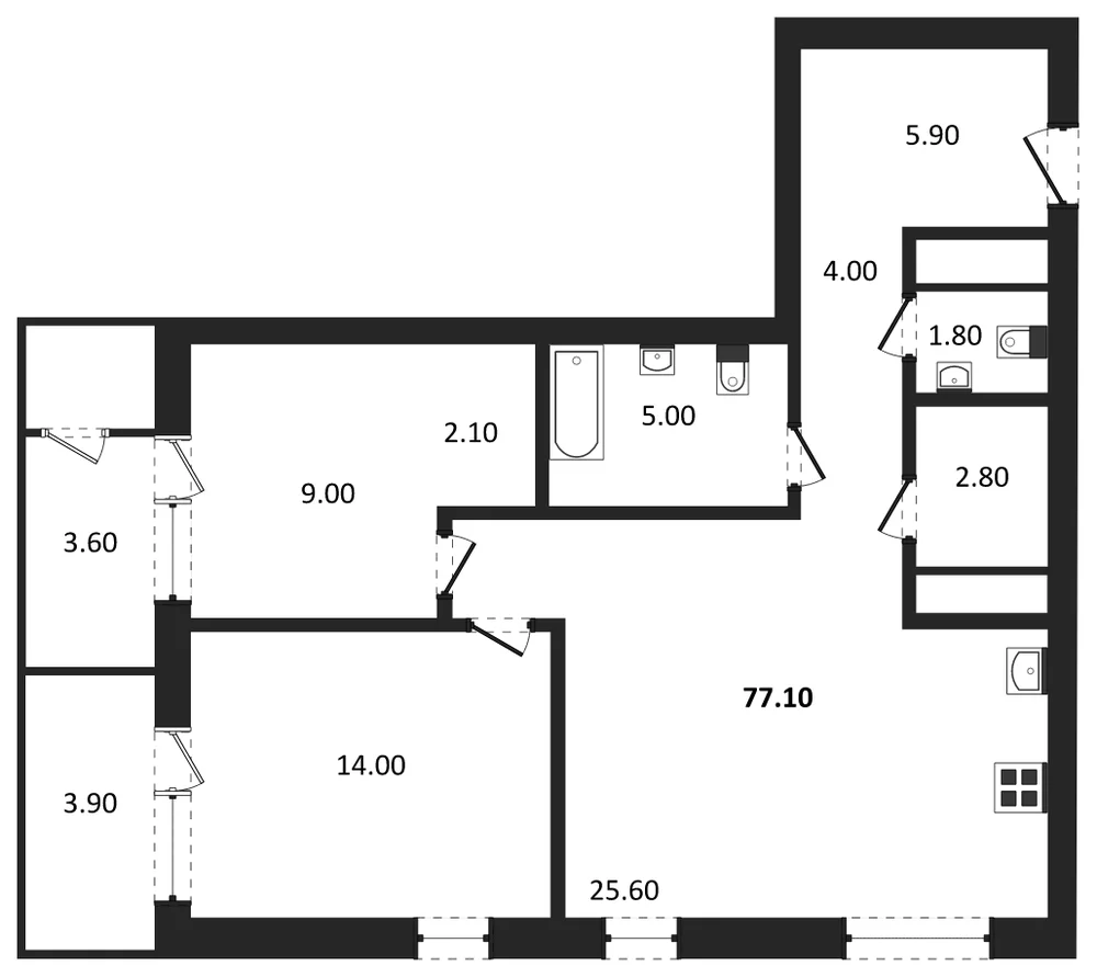 Планировка: 2-комн., 77,7 м²
