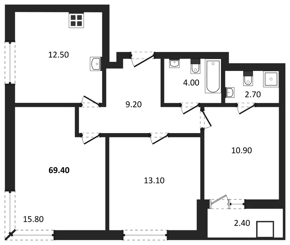 Планировка: 3-комн., 69,4 м²