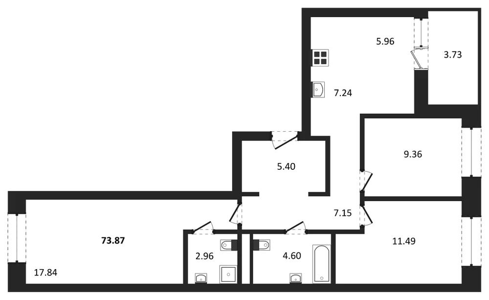 Планировка: 3-комн., 73,9 м²