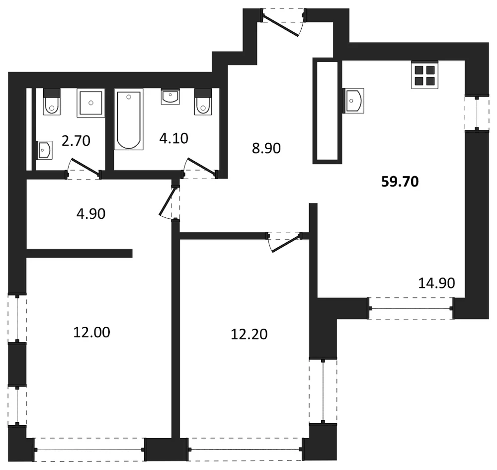 Планировка: 2-комн., 59,7 м²