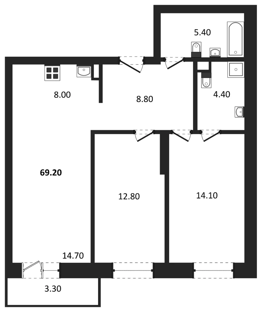 Планировка: 2-комн., 69,2 м²