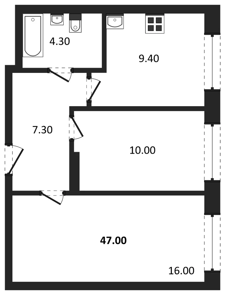 Планировка: 2-комн., 47 м²