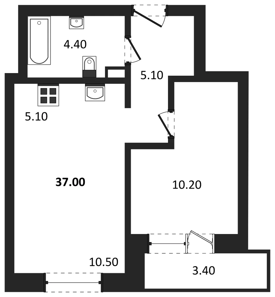 Планировка: 1-комн., 37 м²