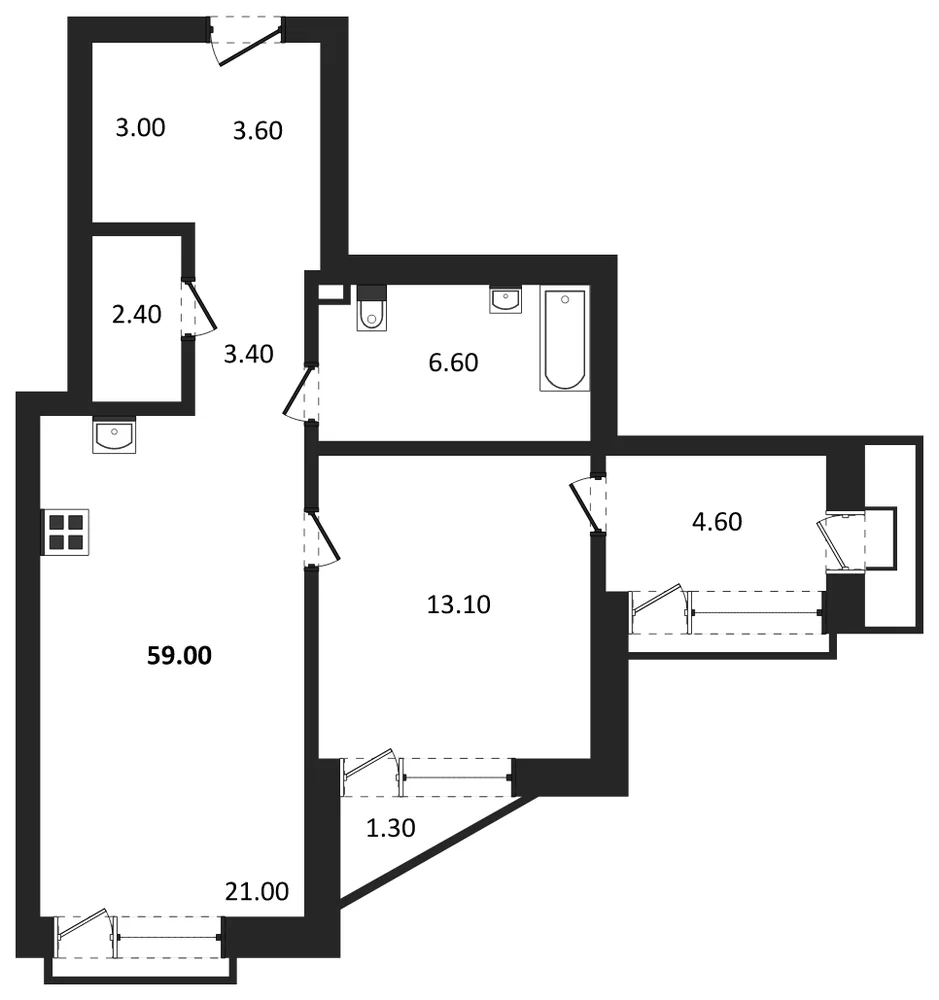 Планировка: 1-комн., 59 м²