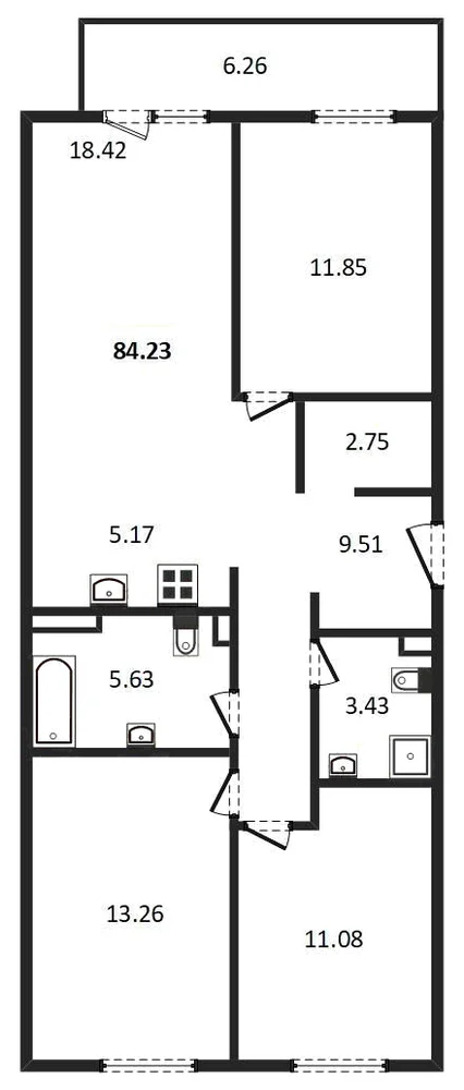 Планировка: 3-комн., 84,2 м²