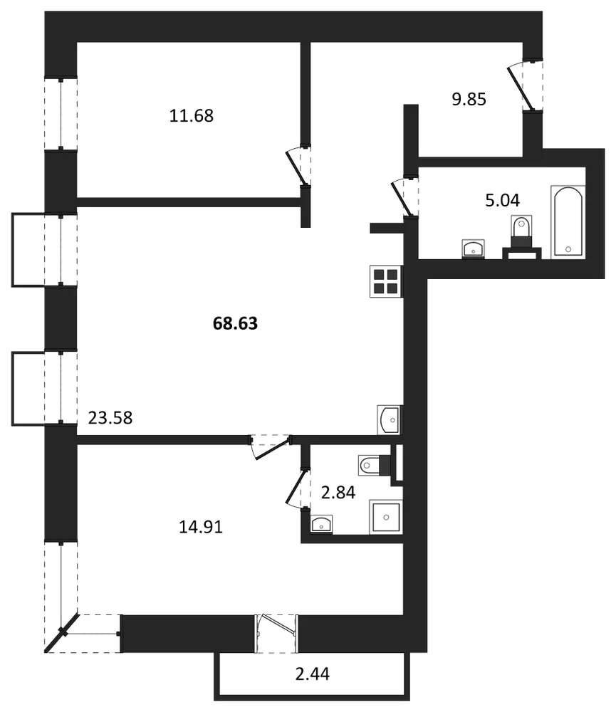 Планировка: 2-комн., 68,6 м²