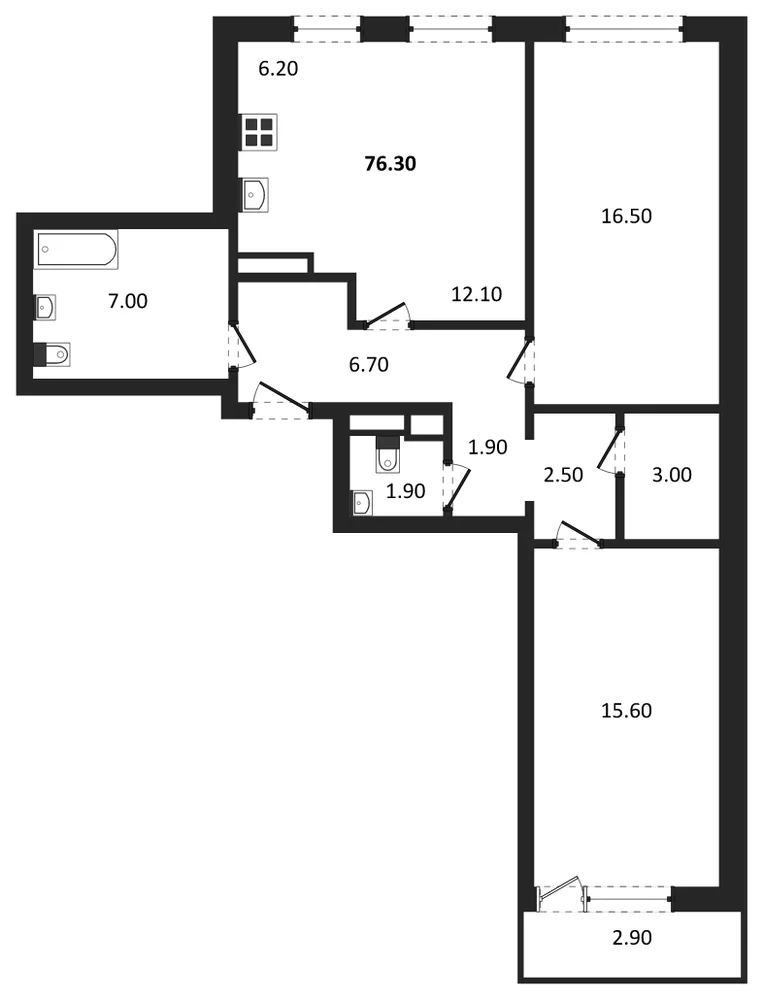 Планировка: 2-комн., 76,3 м²
