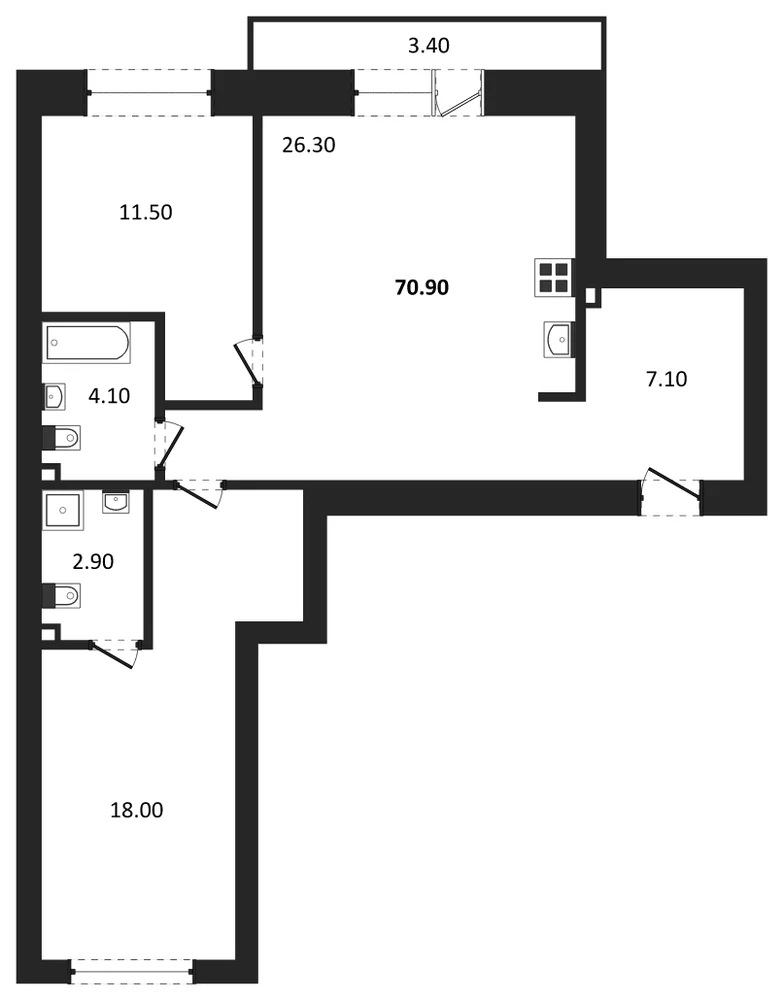 Планировка: 2-комн., 70,9 м²